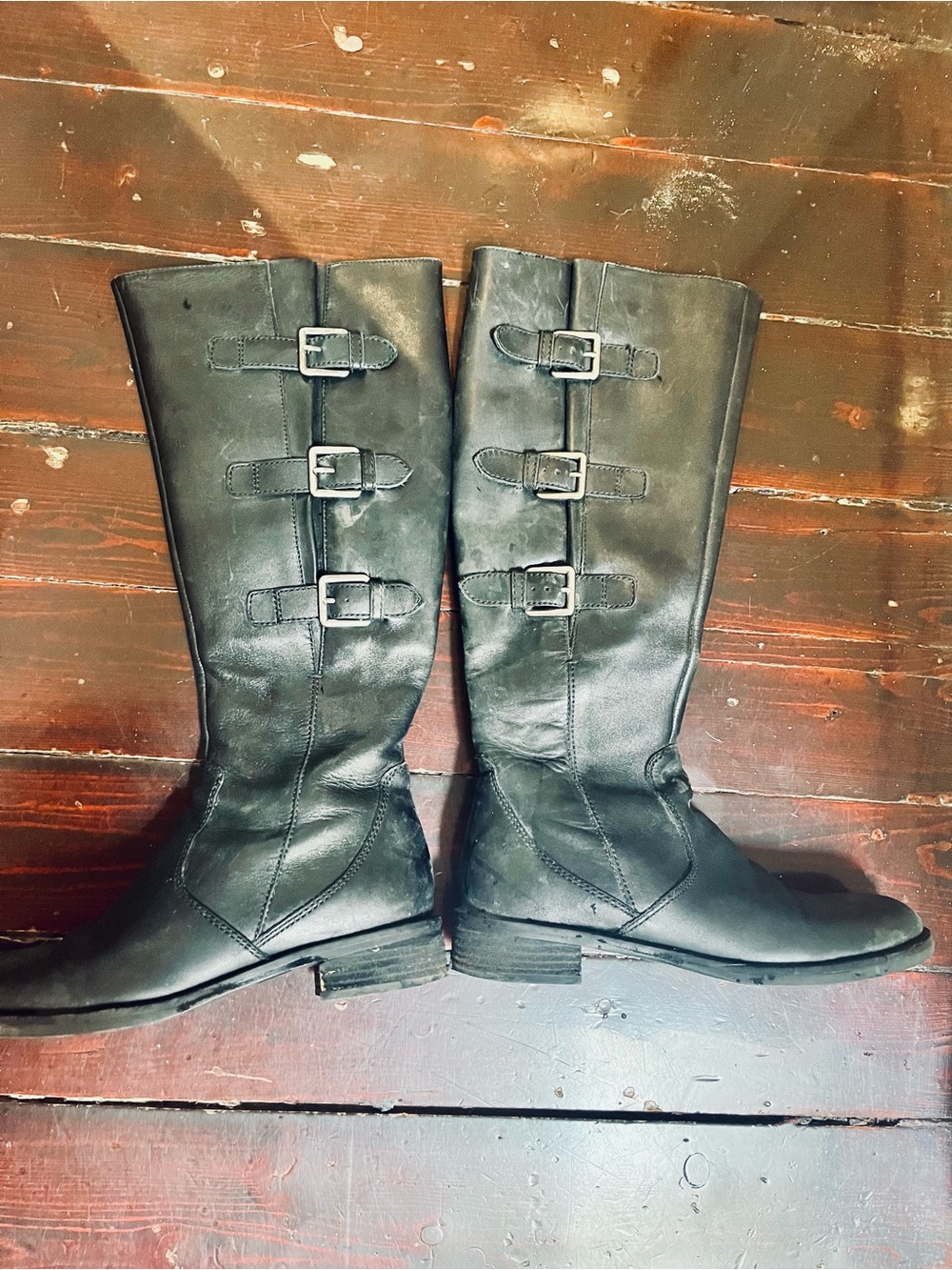 Ecco Size 38 Black Leather Knee-High Buckle Boots